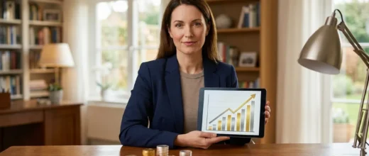 Silver Price Gold expert presents a tablet showing a growth chart and stacks of gold and silver coins, illustrating precious