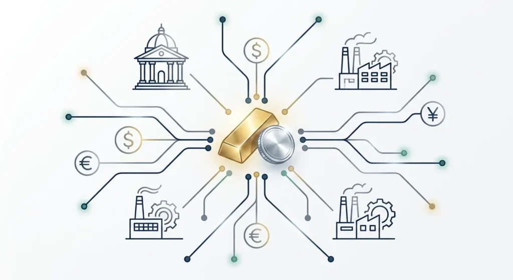 Silver Price Gold: Gold bar and silver coin linked to global economic icons (banks, factories, currencies), illustrating macr