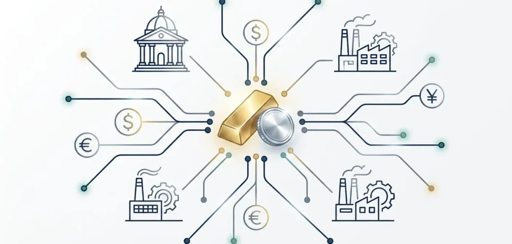 Silver Price Gold: Gold bar and silver coin linked to global economic icons (banks, factories, currencies), illustrating macr