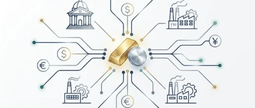 Silver Price Gold: Gold bar and silver coin linked to global economic icons (banks, factories, currencies), illustrating macr