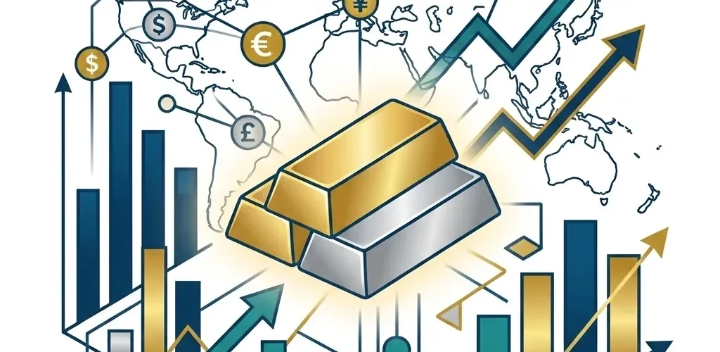 Silver Price Gold: Global financial market trends impacting gold and silver prices, with bullion bars, world map, currency sy