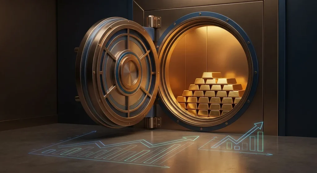 Silver Price Gold: Open bank vault with stacked gold bars and glowing financial growth charts, symbolizing central bank gold