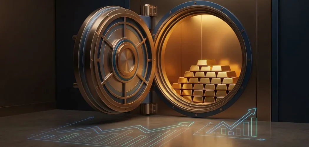 Silver Price Gold: Open bank vault with stacked gold bars and glowing financial growth charts, symbolizing central bank gold