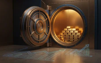Silver Price Gold: Open bank vault with stacked gold bars and glowing financial growth charts, symbolizing central bank gold