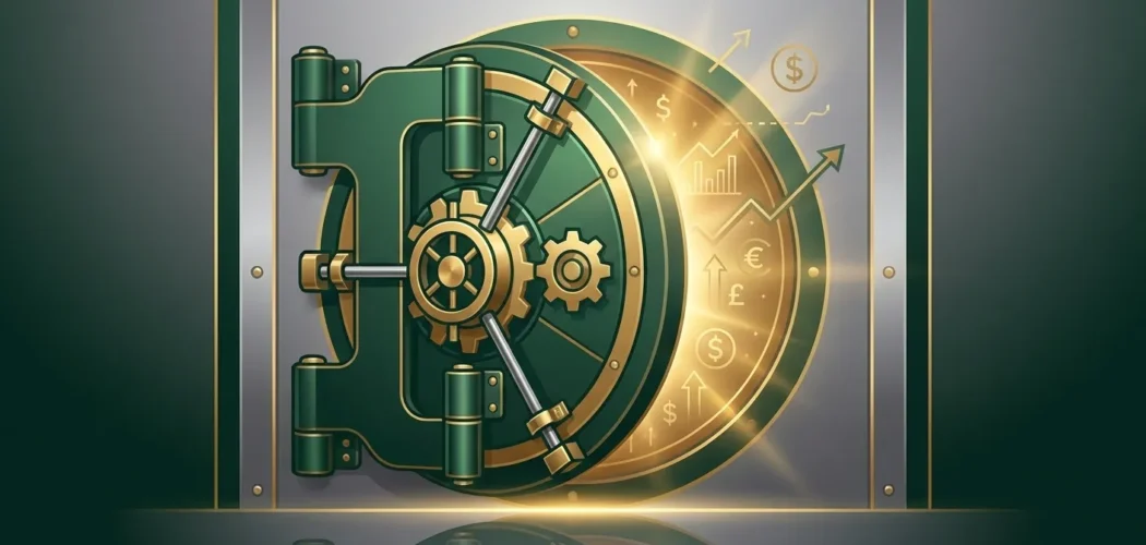 Silver Price Gold: Green and gold bank vault door revealing glowing financial symbols, representing central bank gold reserve
