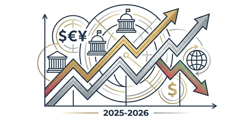 Silver Price Gold: Chart showing gold and silver price volatility with currency, global, and government symbols for 2025-2026