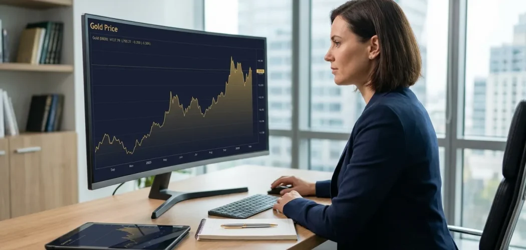 A professional woman analyzes a gold price chart on a computer monitor, with a tablet showing similar data on her desk. Silve