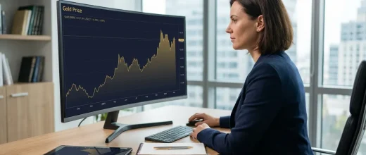 A professional woman analyzes a gold price chart on a computer monitor, with a tablet showing similar data on her desk. Silve
