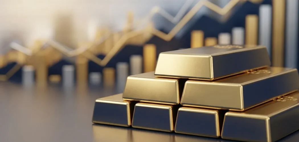 Silver Price Gold: Stack of gold bars with a financial chart showing upward gold price movements explained for investors.
