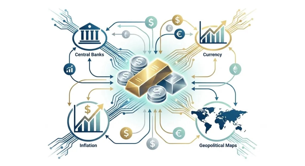 Silver Price Gold infographic: Macroeconomic impact on precious metals prices, showing central banks, currency, inflation, an