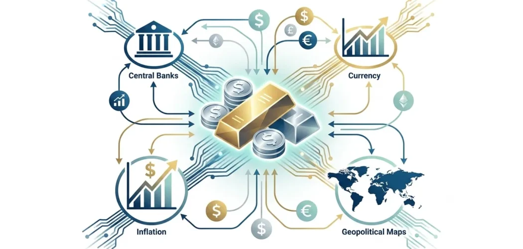 Silver Price Gold infographic: Macroeconomic impact on precious metals prices, showing central banks, currency, inflation, an