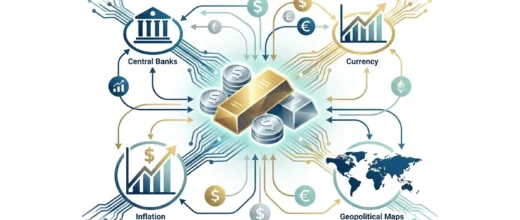 Silver Price Gold infographic: Macroeconomic impact on precious metals prices, showing central banks, currency, inflation, an
