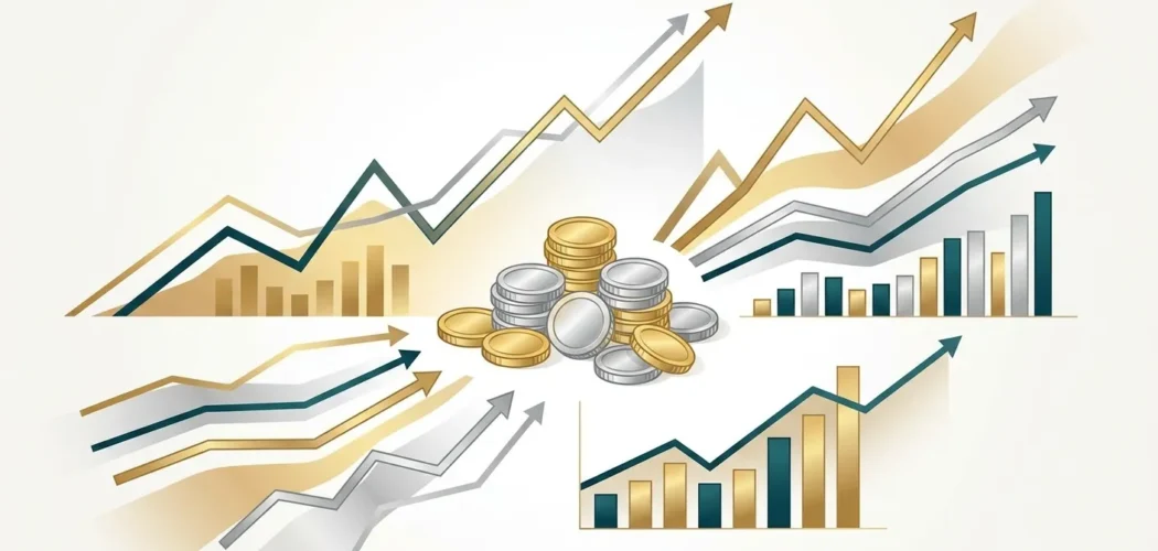 Silver Price Gold: Gold and silver forecasts showing upward trends in financial charts with stacks of gold and silver coins.