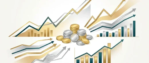 Silver Price Gold: Gold and silver forecasts showing upward trends in financial charts with stacks of gold and silver coins.