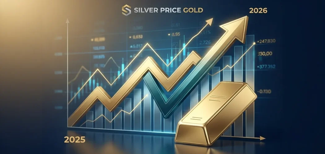 Silver Price Gold chart showing gold price movements in 2026 with an upward trend, a gold bar, and growth arrows.