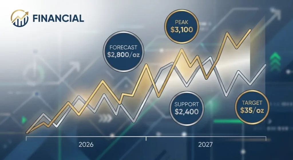 Silver Price Gold: Chart showing 2026-2027 gold and silver price forecasts, including a $2,800/oz forecast, $3,100 peak, $2,4