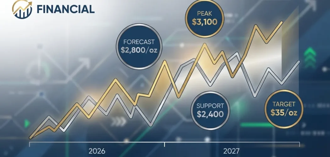 Silver Price Gold: Chart showing 2026-2027 gold and silver price forecasts, including a $2,800/oz forecast, $3,100 peak, $2,4