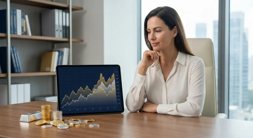 Silver Price Gold: Investor analyzing gold and silver market charts on tablet, with physical gold and silver, for managing in