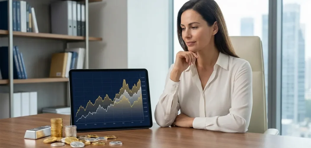 Silver Price Gold: Investor analyzing gold and silver market charts on tablet, with physical gold and silver, for managing in
