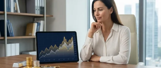 Silver Price Gold: Investor analyzing gold and silver market charts on tablet, with physical gold and silver, for managing in