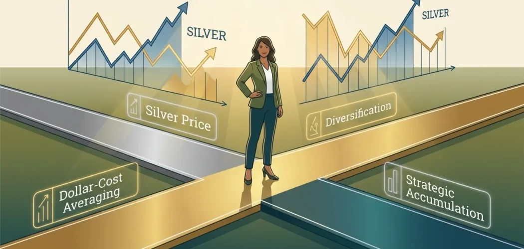 Silver Price Gold: Woman at crossroads illustrating silver investment strategies like dollar-cost averaging, diversification,