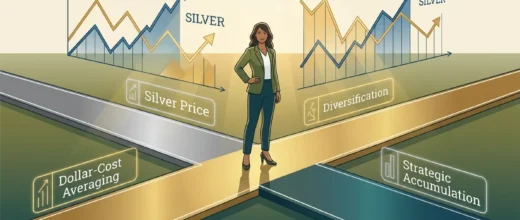 Silver Price Gold: Woman at crossroads illustrating silver investment strategies like dollar-cost averaging, diversification,