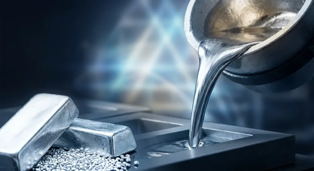 Silver Price Gold: Molten silver poured into a mold, with silver bars and pellets, visually representing silver price volatil