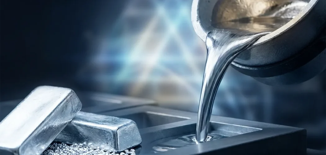 Silver Price Gold: Molten silver poured into a mold, with silver bars and pellets, visually representing silver price volatil