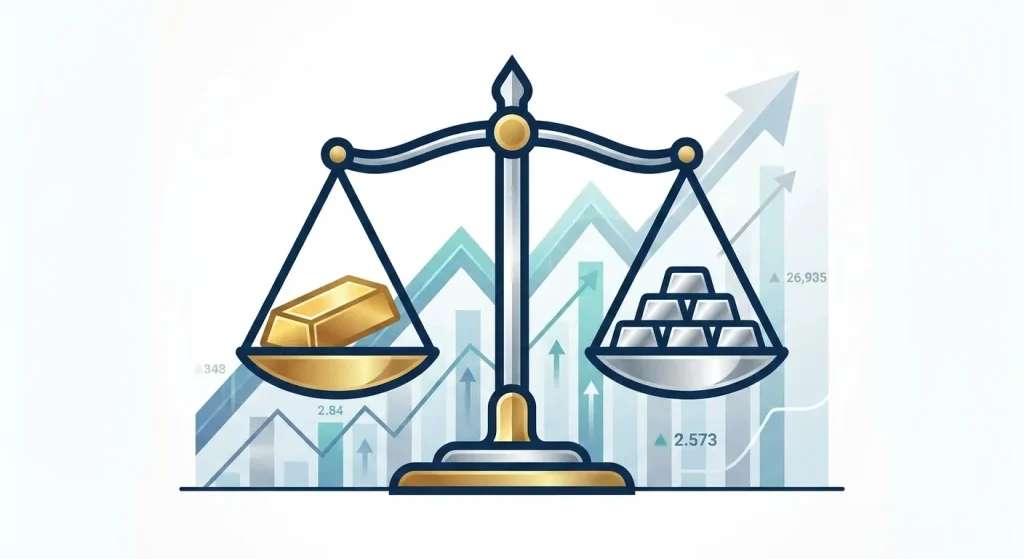 Silver Price Gold: Gold-to-Silver Ratio explained. A balance scale with gold bar and silver bars, showing market trends.