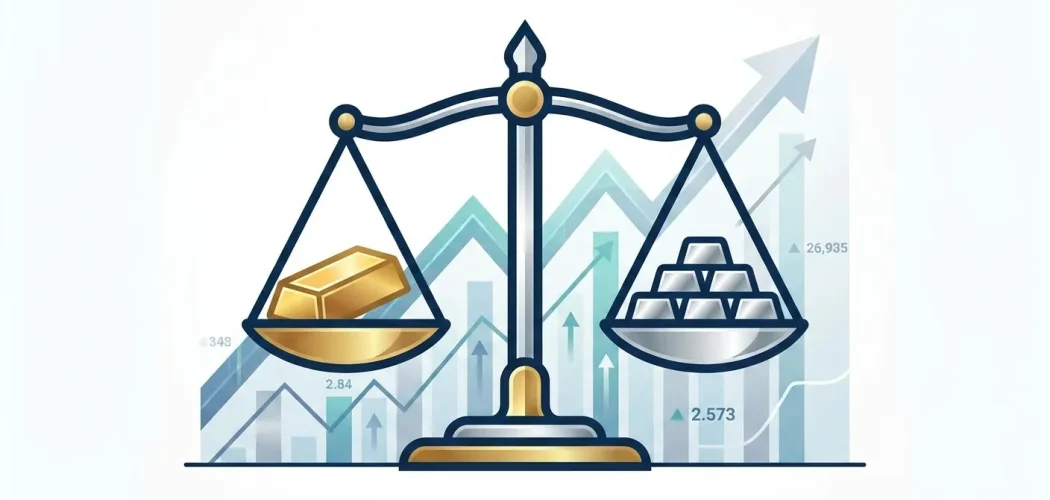 Silver Price Gold: Gold-to-Silver Ratio explained. A balance scale with gold bar and silver bars, showing market trends.