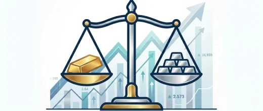 Silver Price Gold: Gold-to-Silver Ratio explained. A balance scale with gold bar and silver bars, showing market trends.