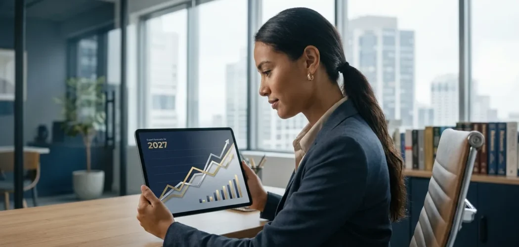Silver Price Gold: Professional woman analyzing expert gold and silver price forecast for 2027 on a tablet, showing upward tr