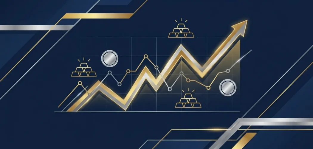 Silver Price Gold: Graph showing upward gold and silver price volatility with gold bars and silver coins, illustrating market