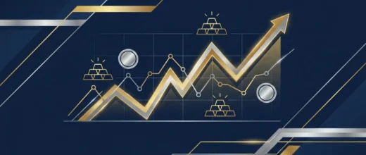 Silver Price Gold: Graph showing upward gold and silver price volatility with gold bars and silver coins, illustrating market