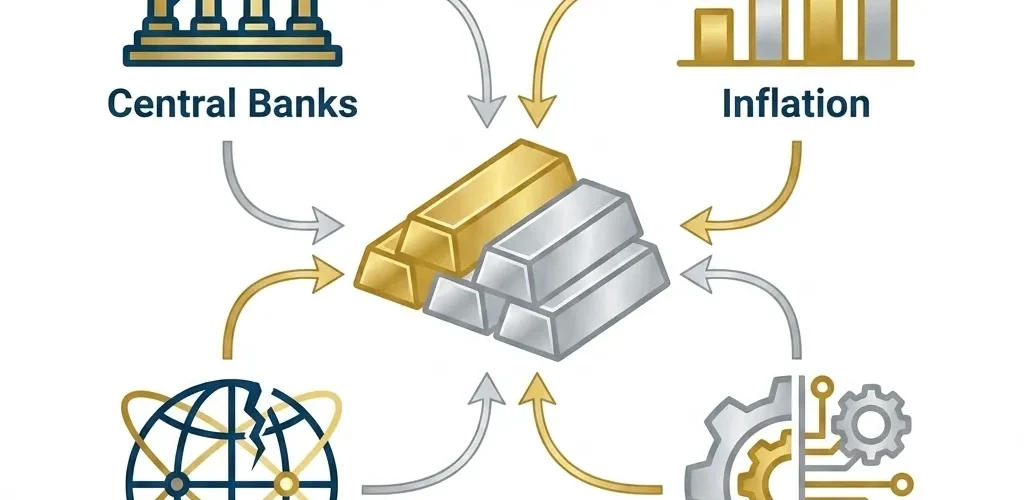 Silver Price Gold: Macroeconomic forces impacting gold and silver investments. Central banks, inflation, geopolitical conflic