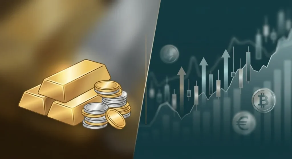Silver Price Gold: Gold bars, silver and gold coins, and a financial market chart with Bitcoin and Euro symbols, illustrating