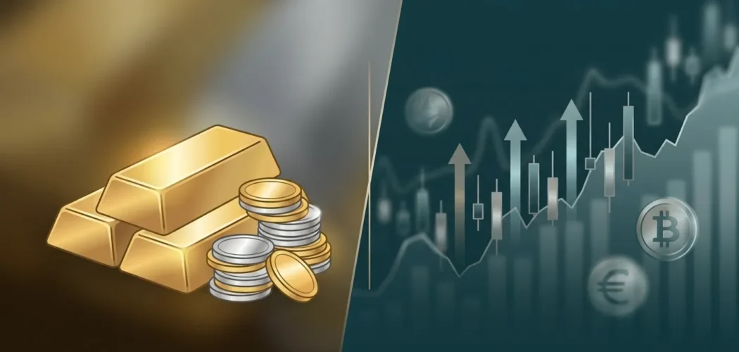 Silver Price Gold: Gold bars, silver and gold coins, and a financial market chart with Bitcoin and Euro symbols, illustrating