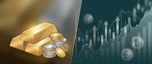 Silver Price Gold: Gold bars, silver and gold coins, and a financial market chart with Bitcoin and Euro symbols, illustrating
